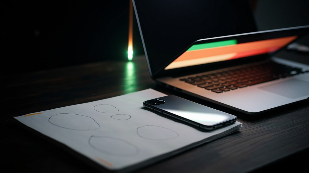 Smartfon i laptop na ciemnym drewnianym biurku, ekrany pokazują abstrakcyjne poziome paski w kolorach zielonym, bursztynowym i czerwonym
