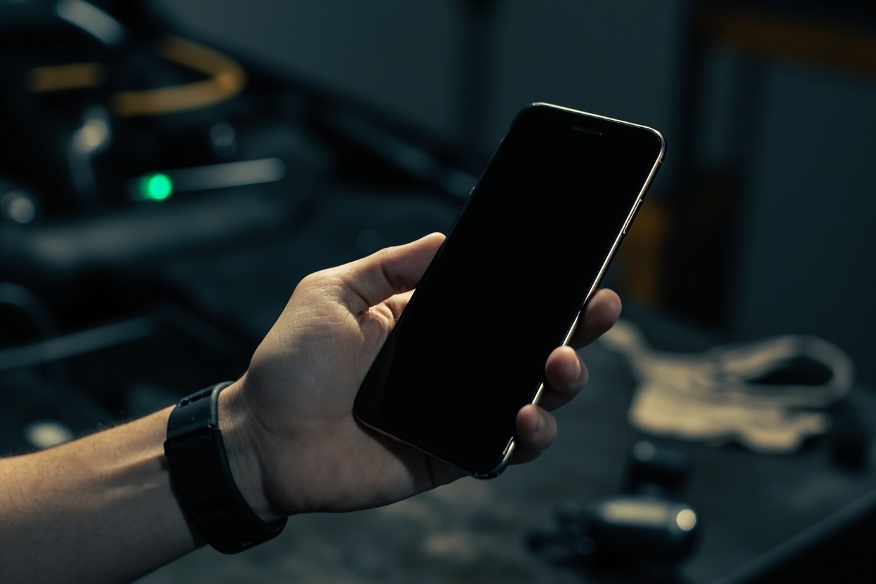Smartfon z ciemnym ekranem nad ladą warsztatu