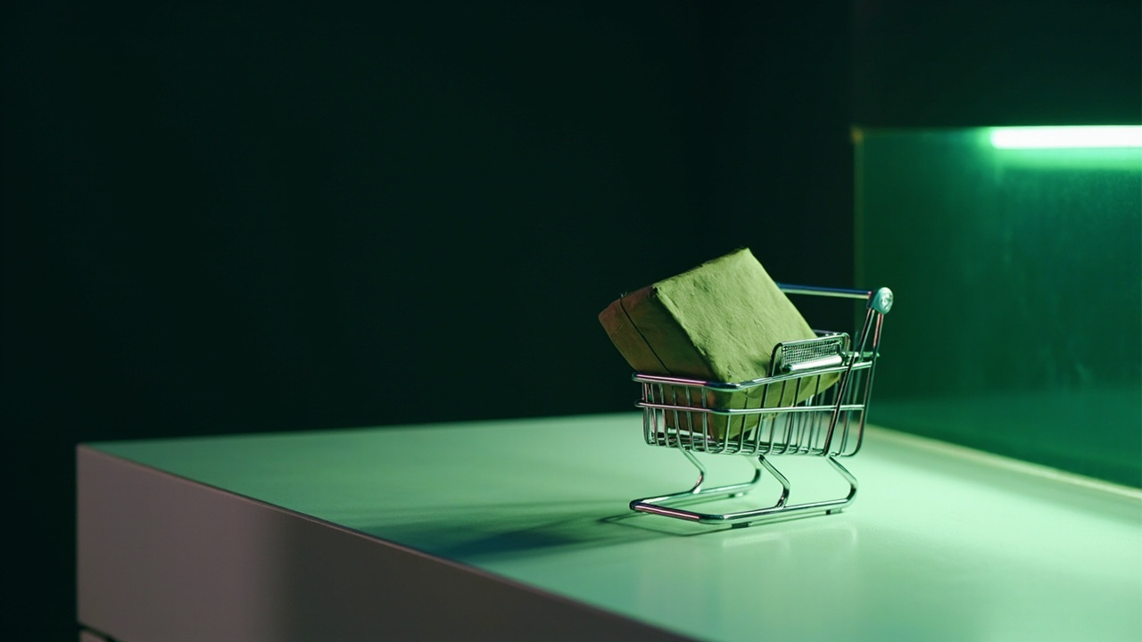 Small wire shopping basket with one wrapped parcel on a white counter