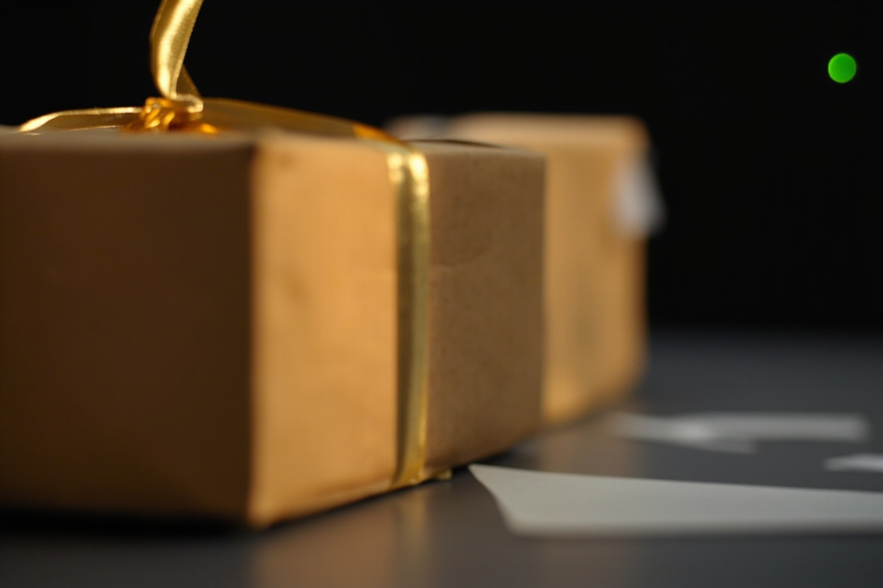 Two cardboard parcels on a table, one tied with a gold ribbon