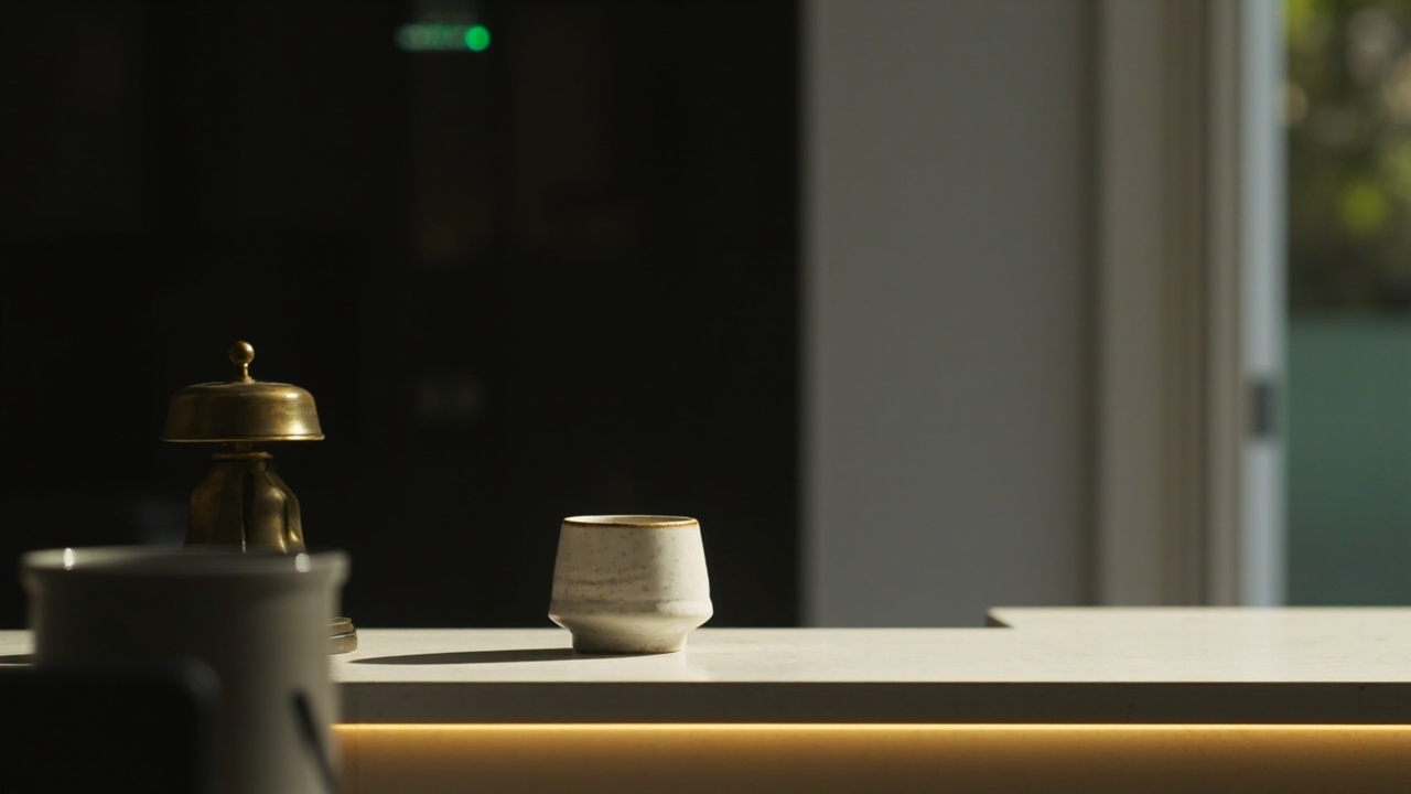 Biurko recepcyjne w salonie kosmetycznym z mosiężnym dzwonkiem i ceramiczną filiżanką