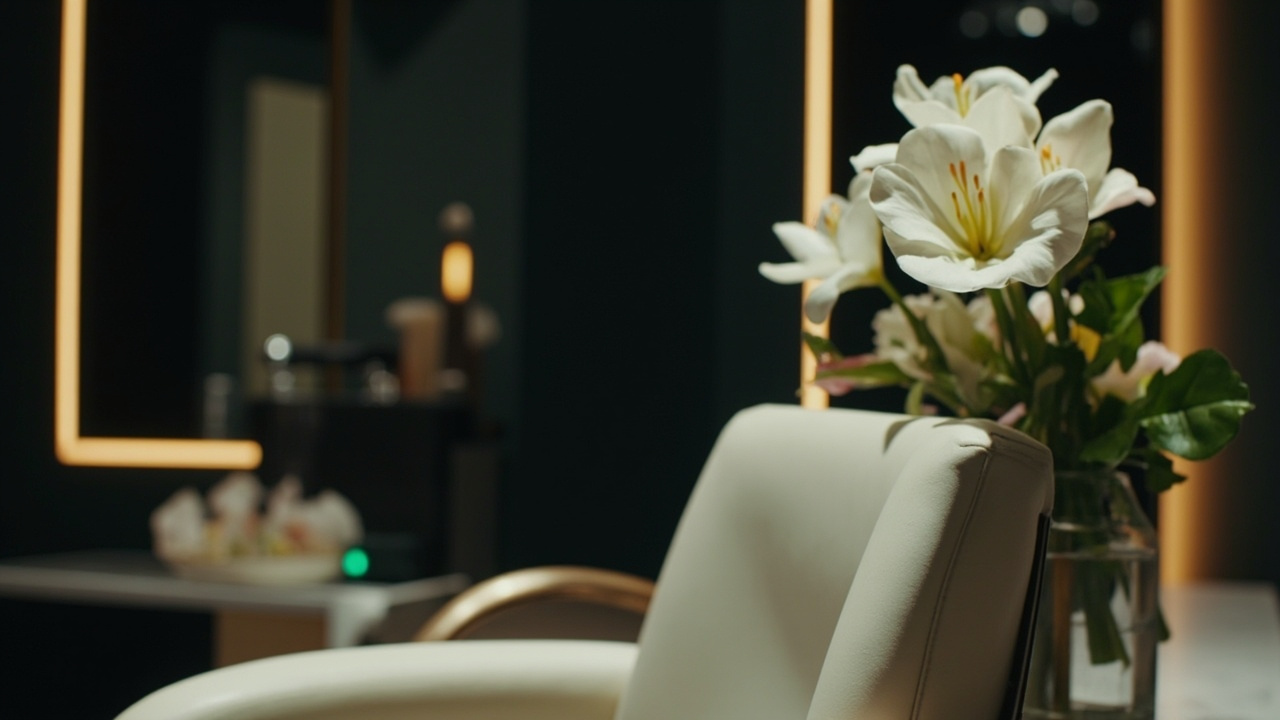 Fotel w salonie beauty i białe lilie w szklanym wazonie