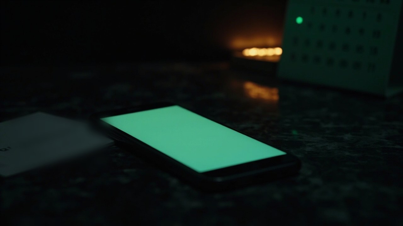 Smartfon z zieloną poświatą na kamiennym blacie obok karty przypomnienia