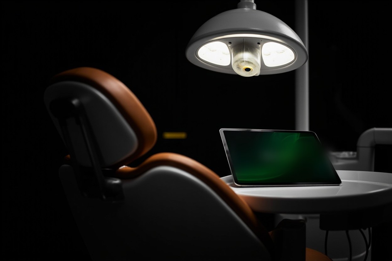 Fotel dentystyczny z wyłączoną lampą i tabletem z kalendarzem