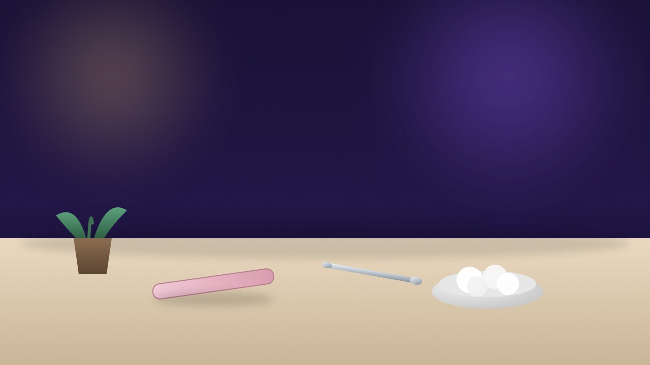 Stanowisko do manicure z narzędziami do paznokci i małą rośliną, ciepłe światło