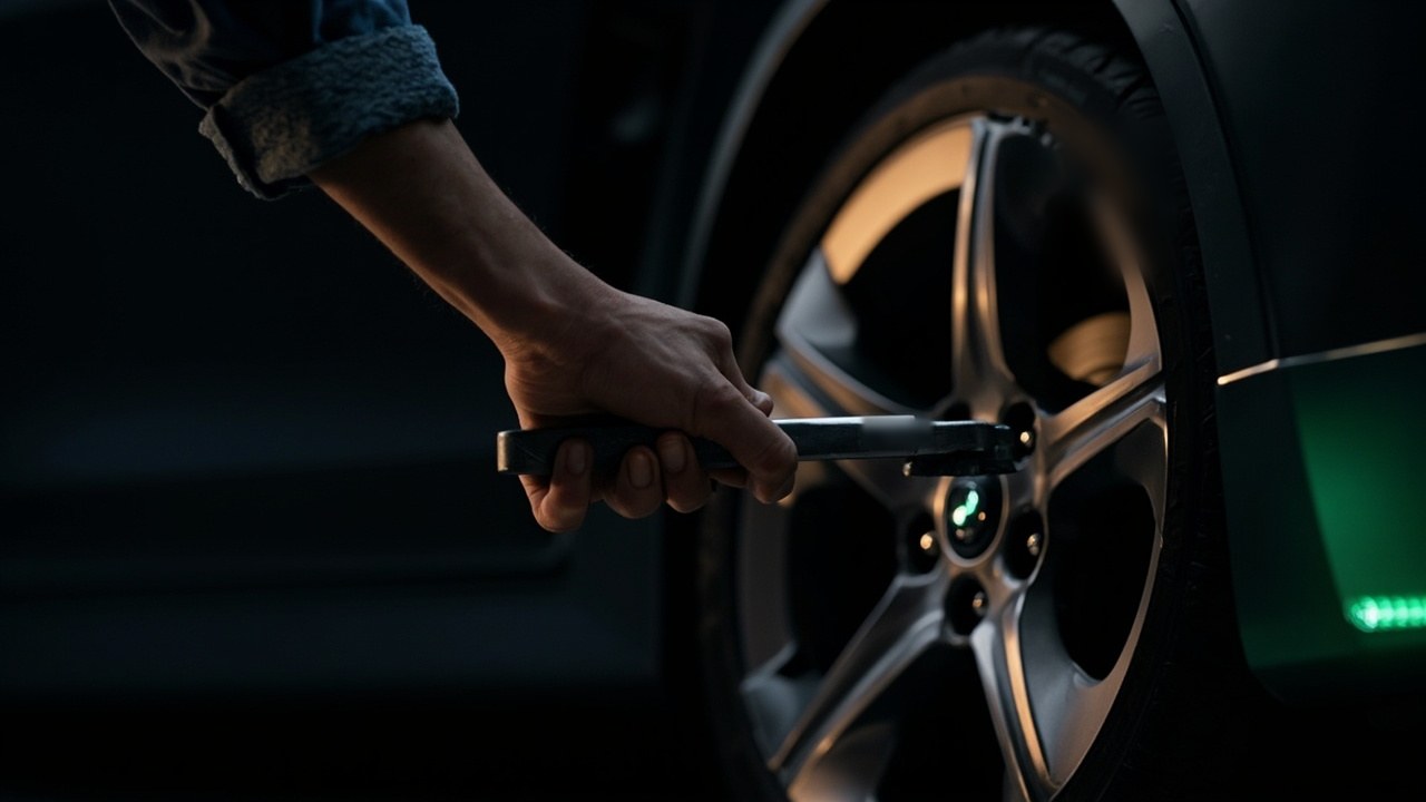 Ręka mechanika z kluczem przy kole samochodu