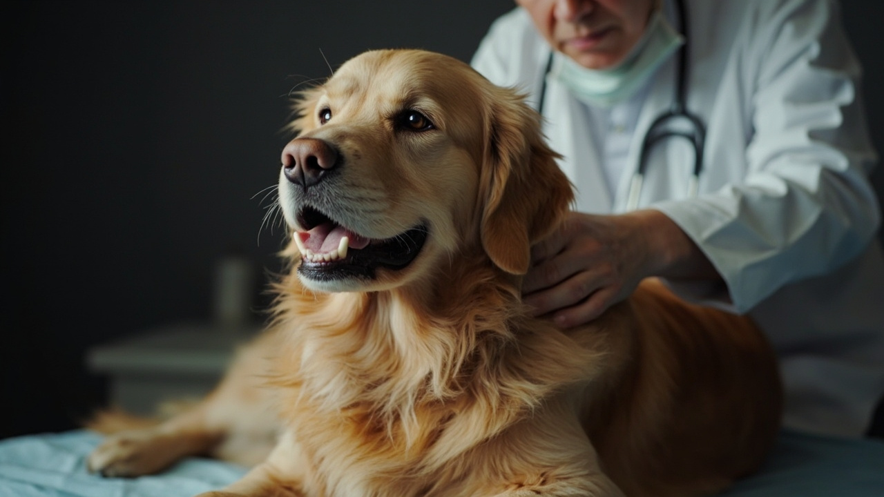 Golden retriever na stole weterynaryjnym, weterynarz kładzie dłoń na jego grzbiecie